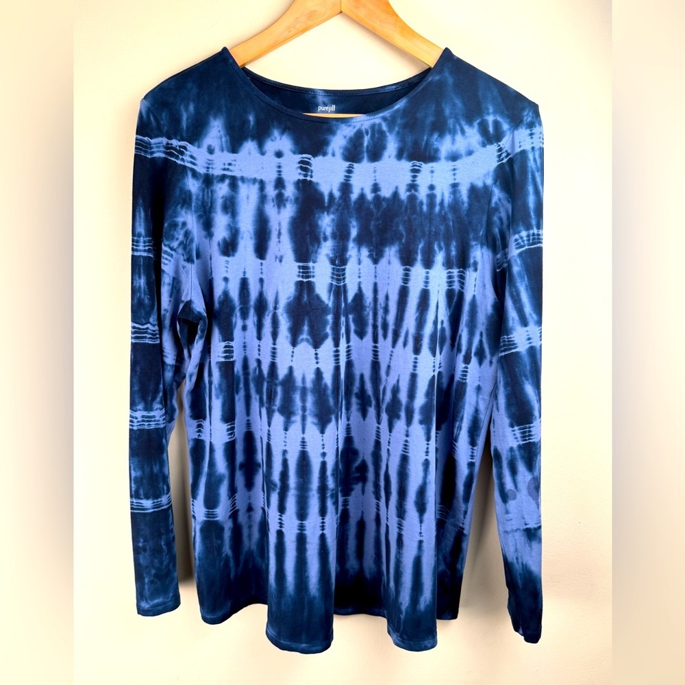 Pure Jill Long Sleeve Shirttail Tee Top Blue‎ Tie Dye Pima Cotton Med. Petite